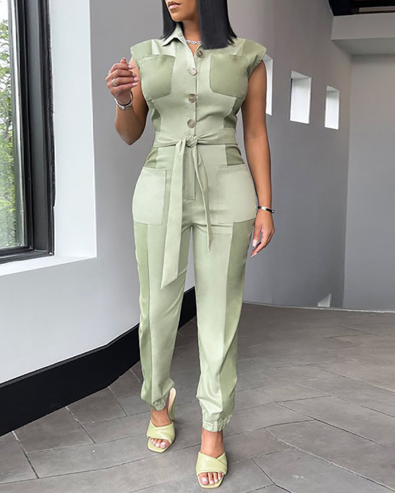

Colorblock Pocket Button Design Short Sleeve Jumpsuit With Belt, Green