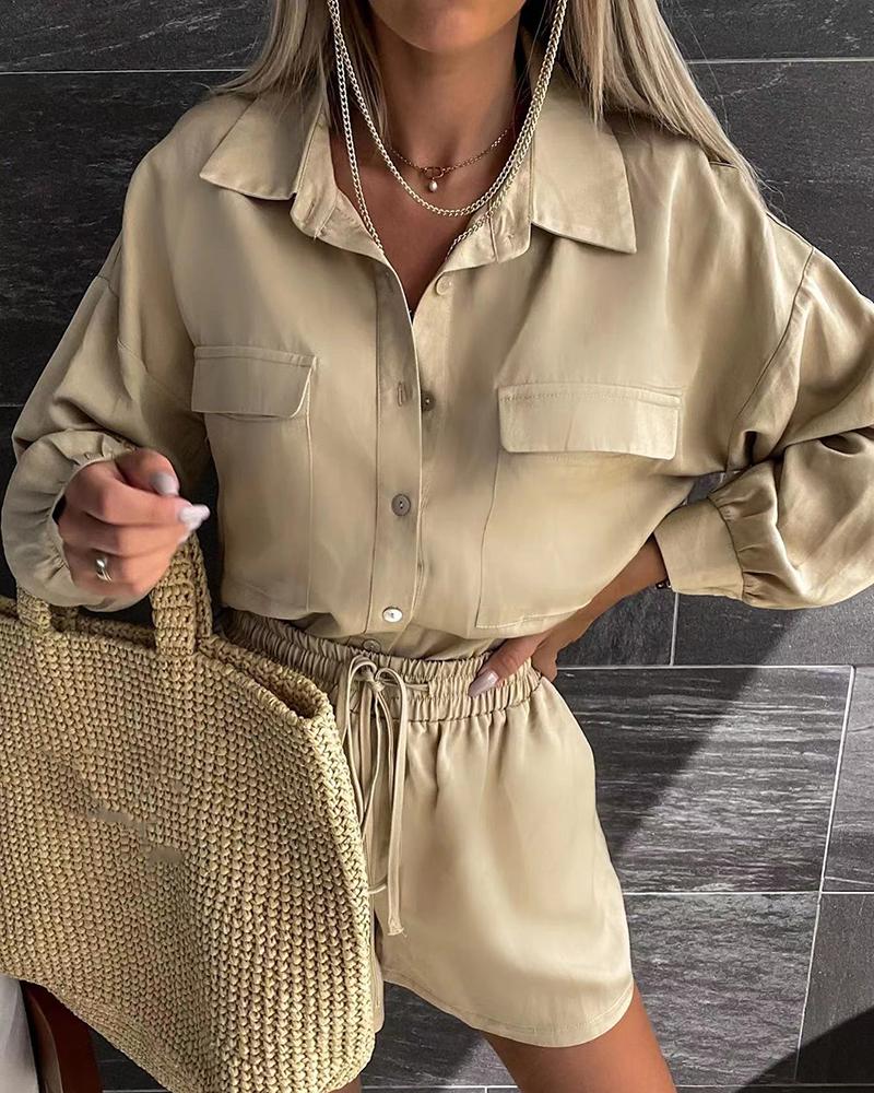 

Buttoned Long Sleeve Shirt & Drawstring Shorts Set, Khaki
