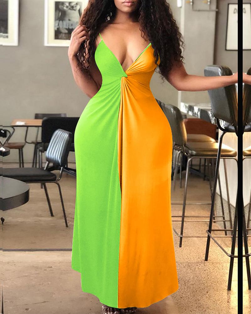

Twist Colorblock Ruched Maxi Dress, Green