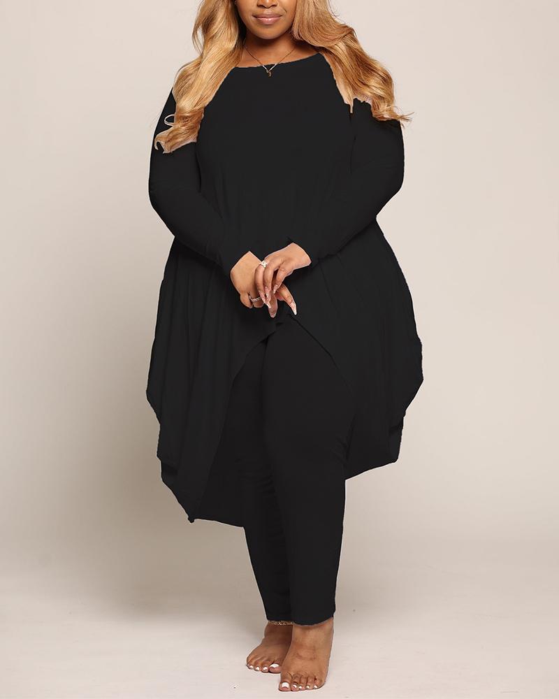 

Plus Size Asymmetrical Hem Long Sleeve Top & Pants Set, Black