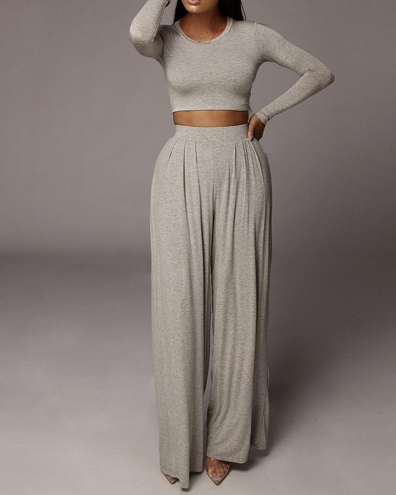 

Long Sleeve Crop Top & High Waist Wide Leg Pants Set, Gray