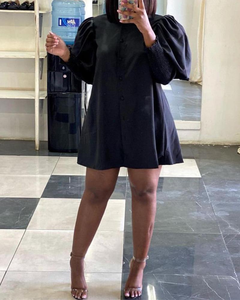 

Shirred Lantern Sleeve Button Up Shirt Dress, Black