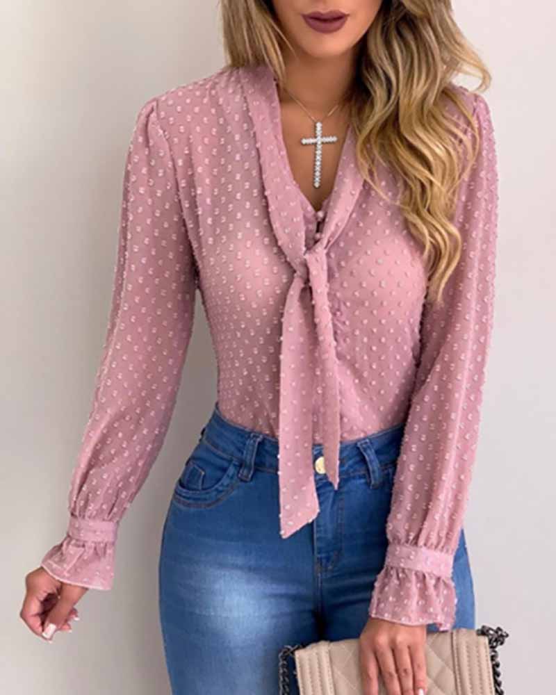 

Swiss Dot Mesh Buttoned Tied Detail Top Plain V-neck Long Sleeve Blouse, Pink