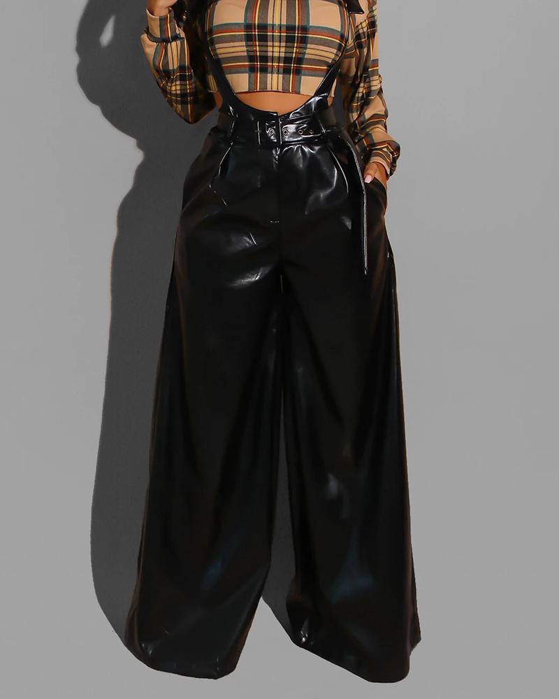 

PU Leather Pocket Design Wide Leg Suspender Jumpsuit, Black