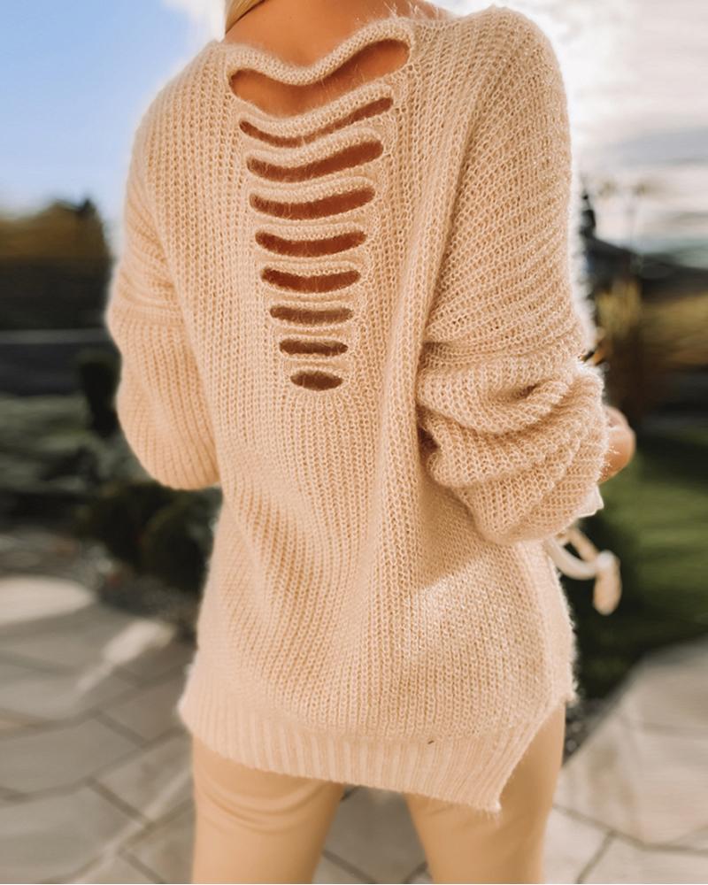 

Long Sleeve Ladder Cutout Open Back Chunky Knit Sweater, Apricot