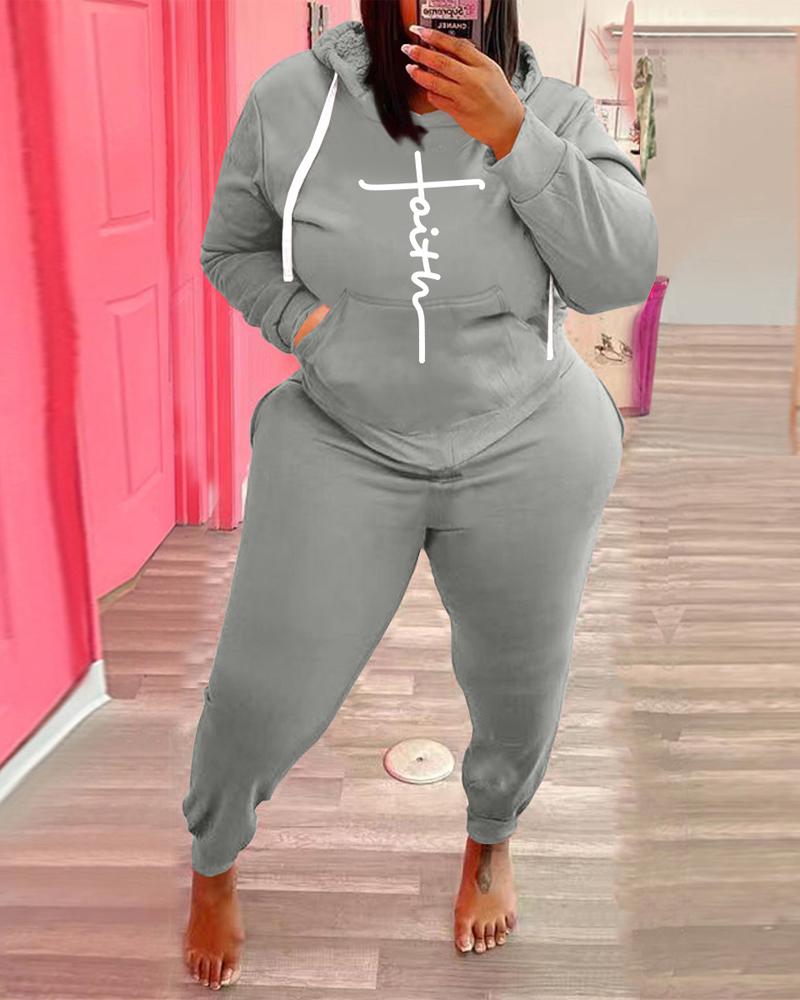 

Plus Size Letter Print Long Sleeve Hoodie & Pants Set, Gray