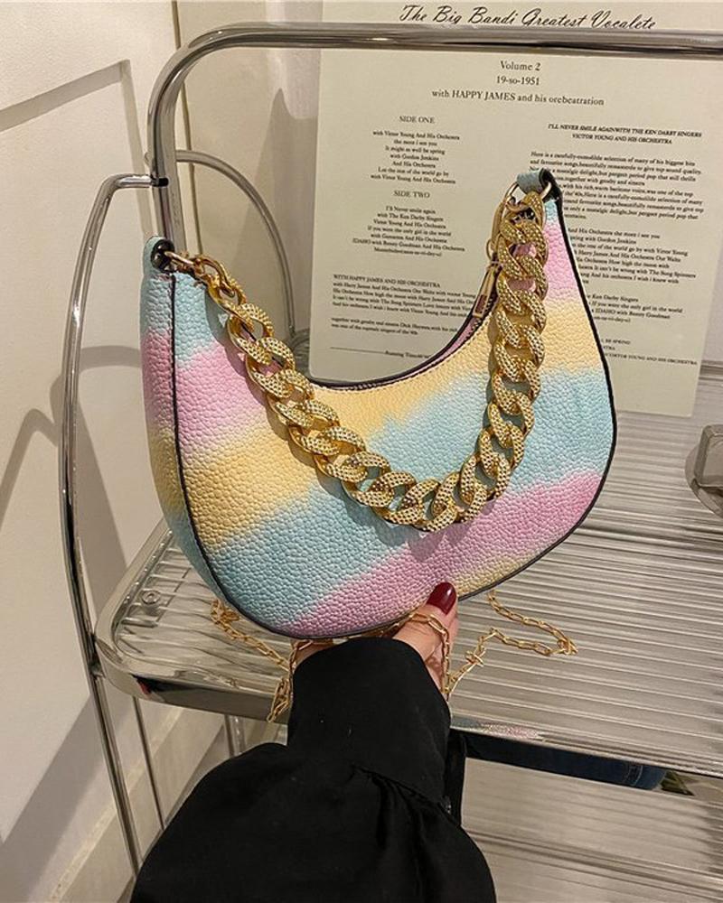 

Tie Dye Print Chain Strap Baguette Bag, Pink