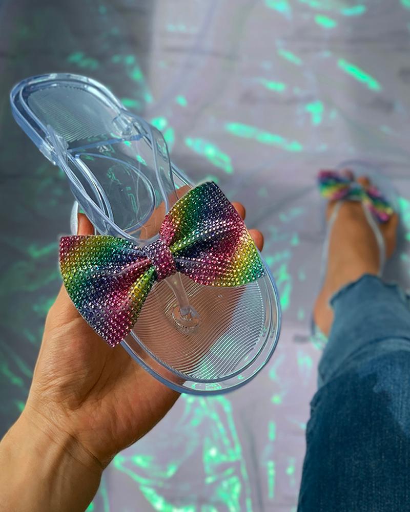 

Colorblock Rhinestone Bowknot Flat Sandals, Multicolor