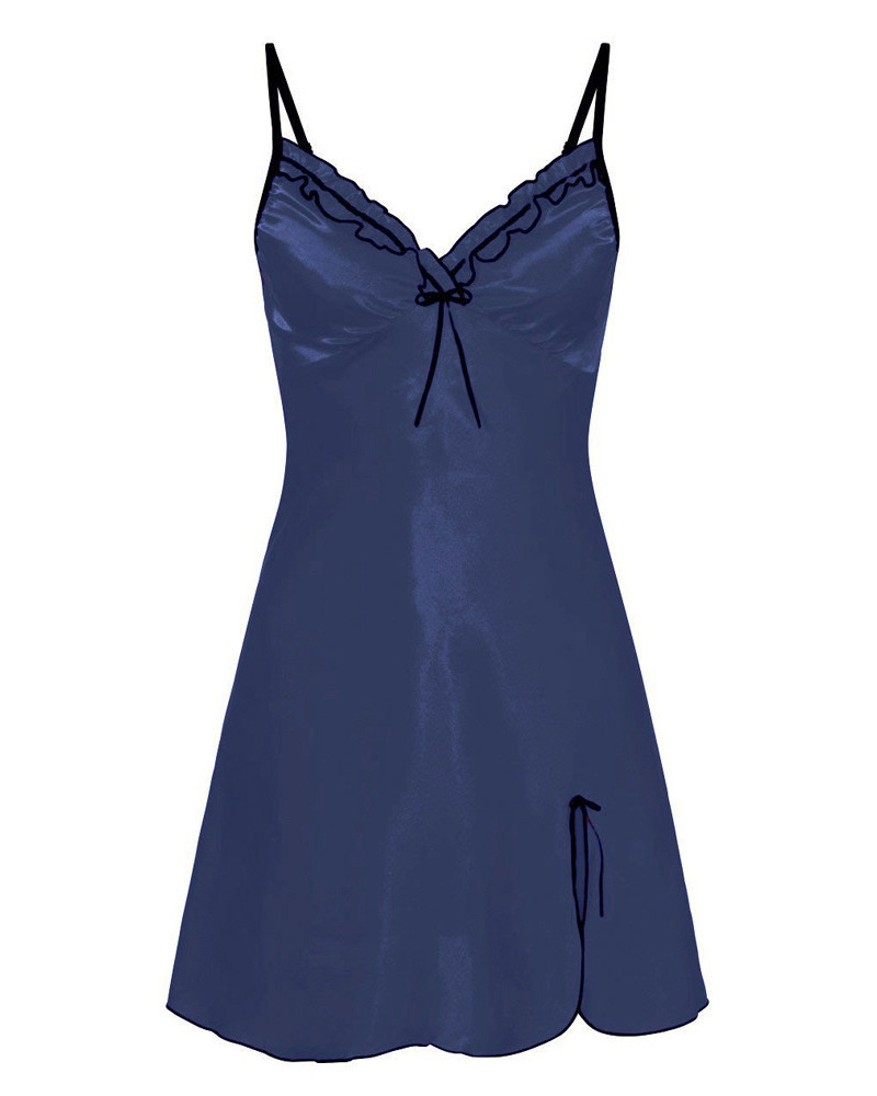 

Spaghetti Strap Bowknot Decor Slit Sleep Dress, Dark blue