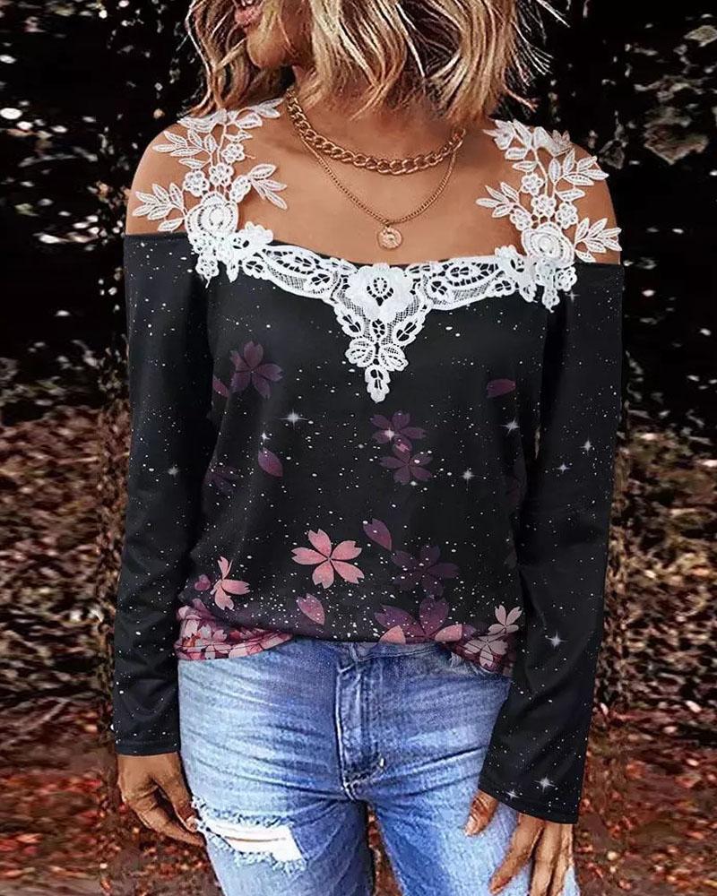 

Floral Print Contrast Lace Cold Shoulder Top, Black