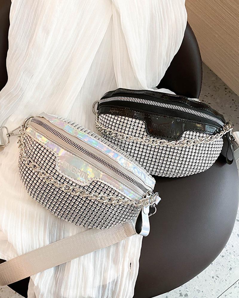 

Rhinestone Chain Decor Zip Front Fanny Pack, Silver