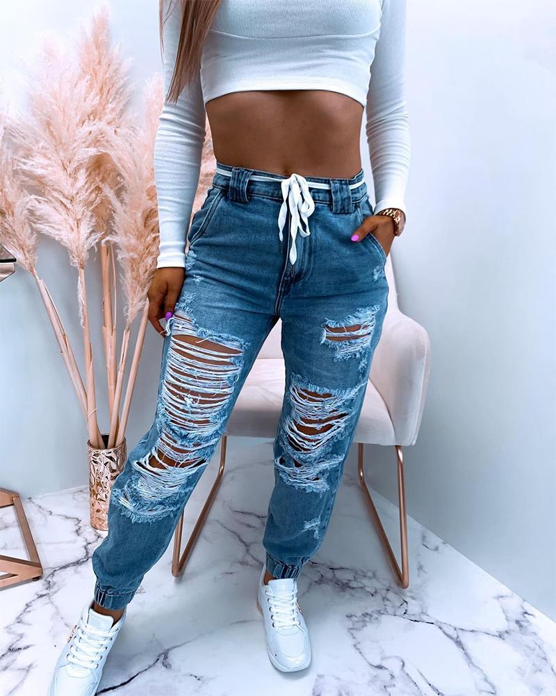 

Zipper Fly Slant Pocket Ripped Jogger Jeans, Blue
