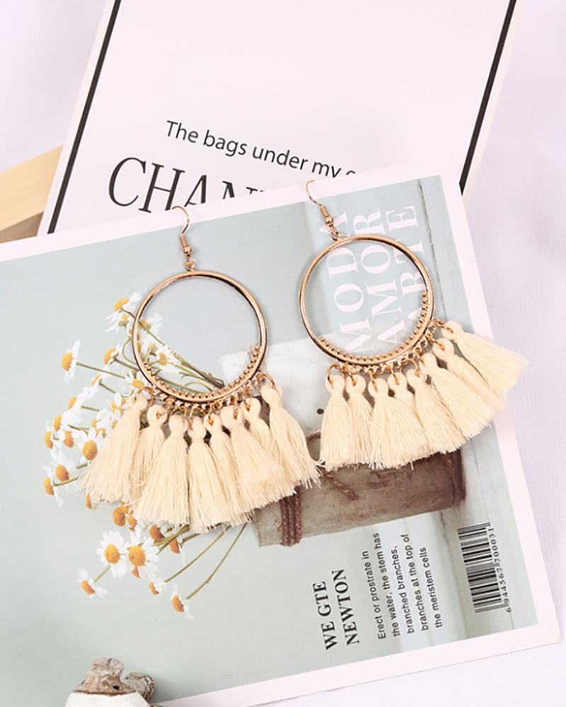 

1Pairs Tassel Design Round Charm Drop Earrings, Beige