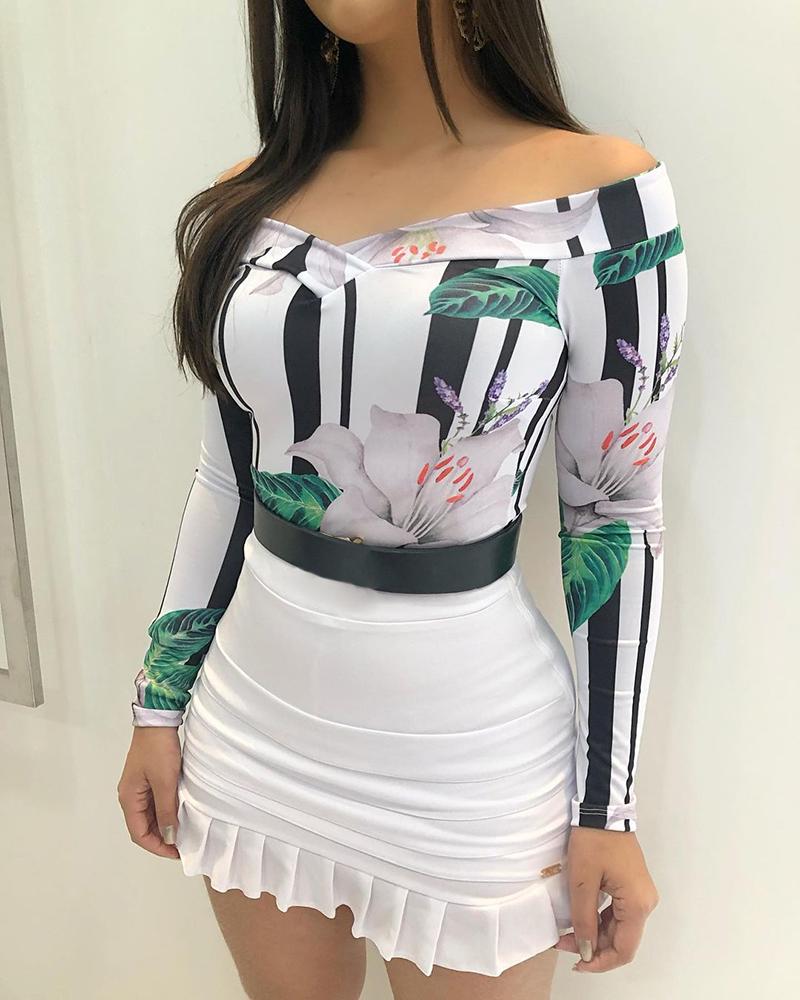 

Off Shoulder Floral Print Top & Ruffles Skirt Set, White