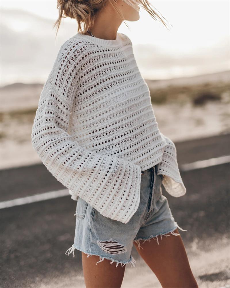 Bell Sleeve Hollow Out Crochet Cover Up Top