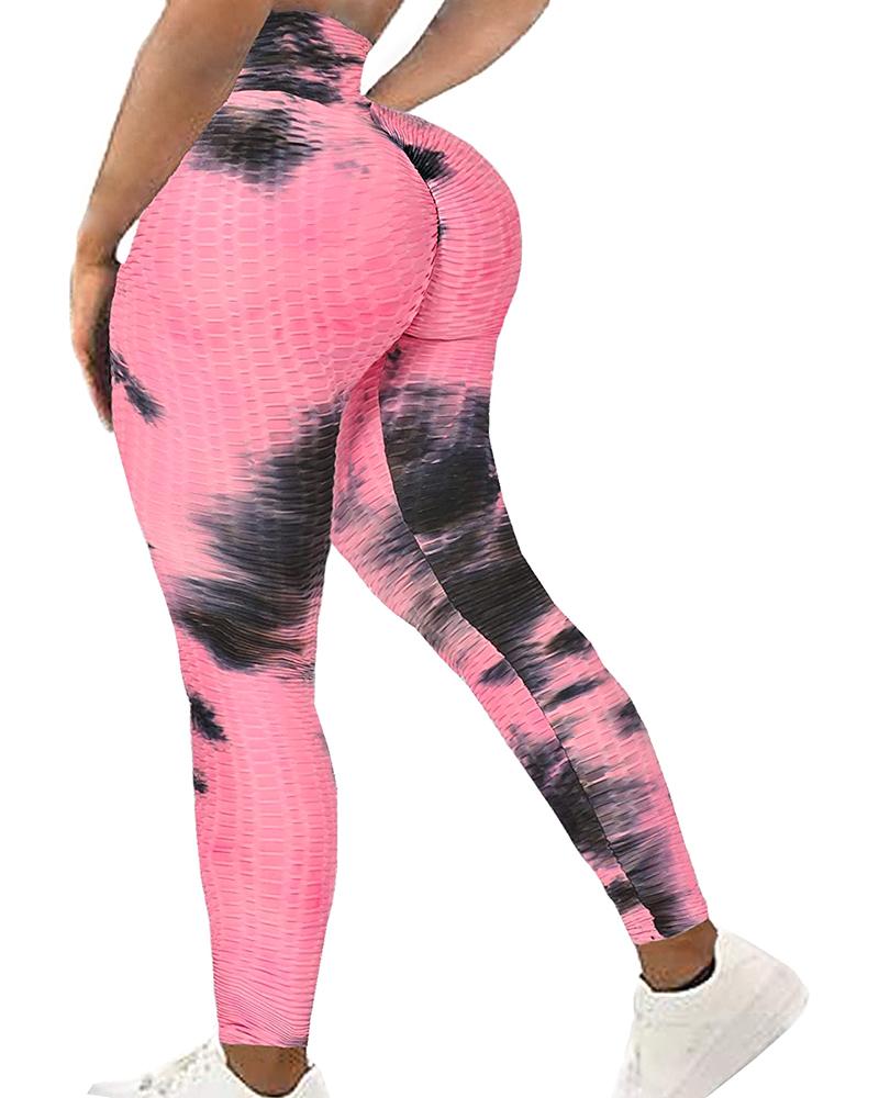 

Tie Dye Print Bubble Textured High Waist Yoga Pants Tummy Control Slimming Booty Leggings, Pink