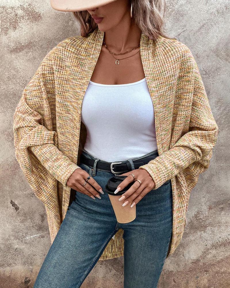 

Colorful Waffle Knit Open Front Coat Batwing Long Sleeve Cardigan, Yellow