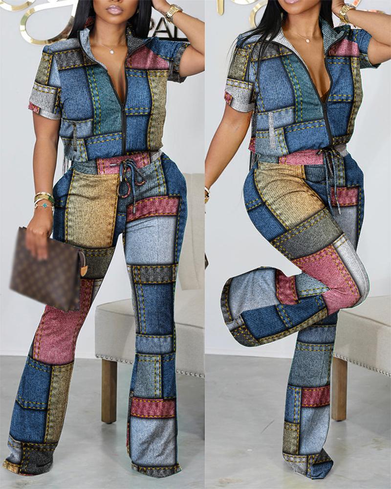 

Denim Look Print Zip Up Top & Drawstring Pants Set, Multicolor