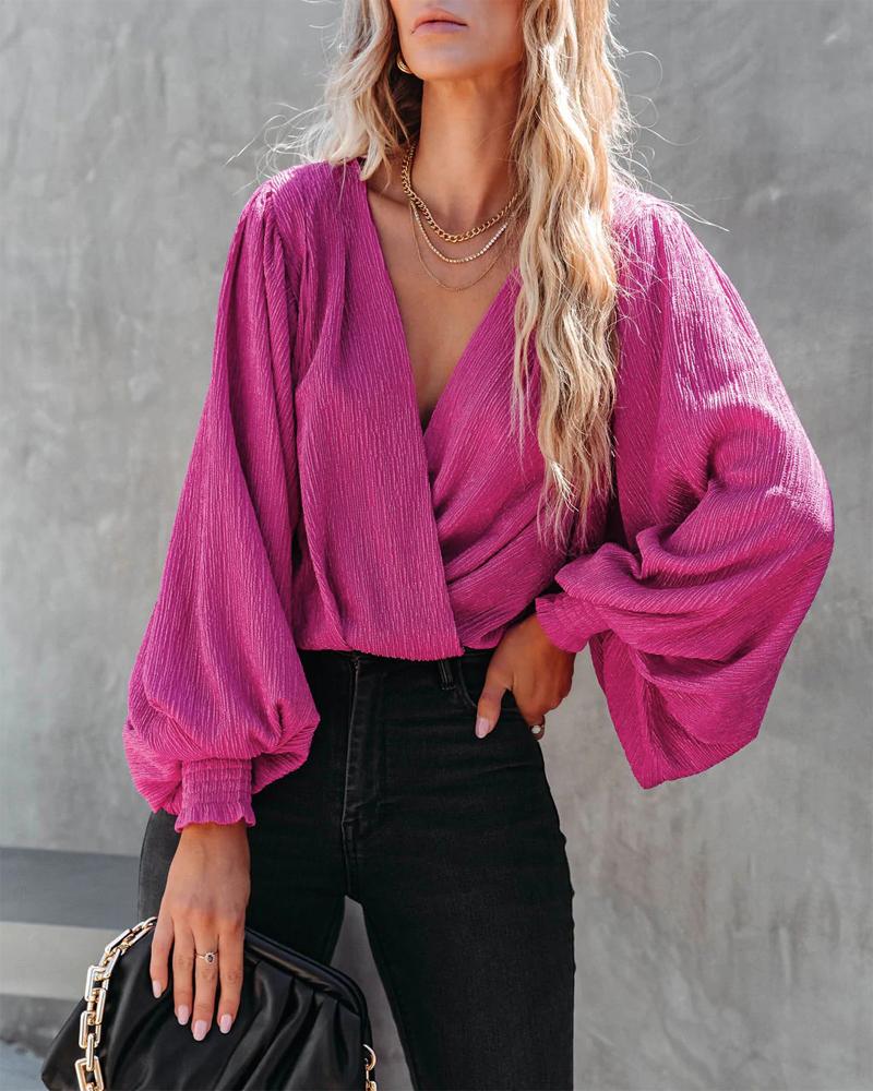 

Plain Lantern Sleeve Wrap Top, Hot pink