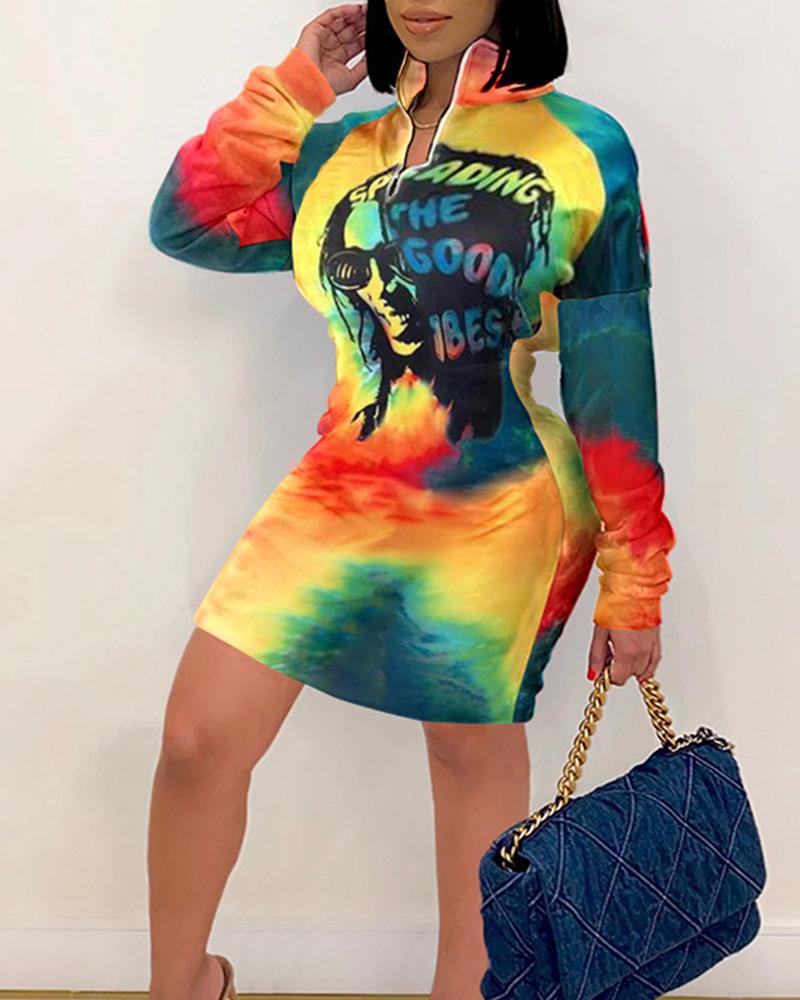 

Tie Dye Graphic Print Zipper Front Sweatshirt Dress, Multicolor