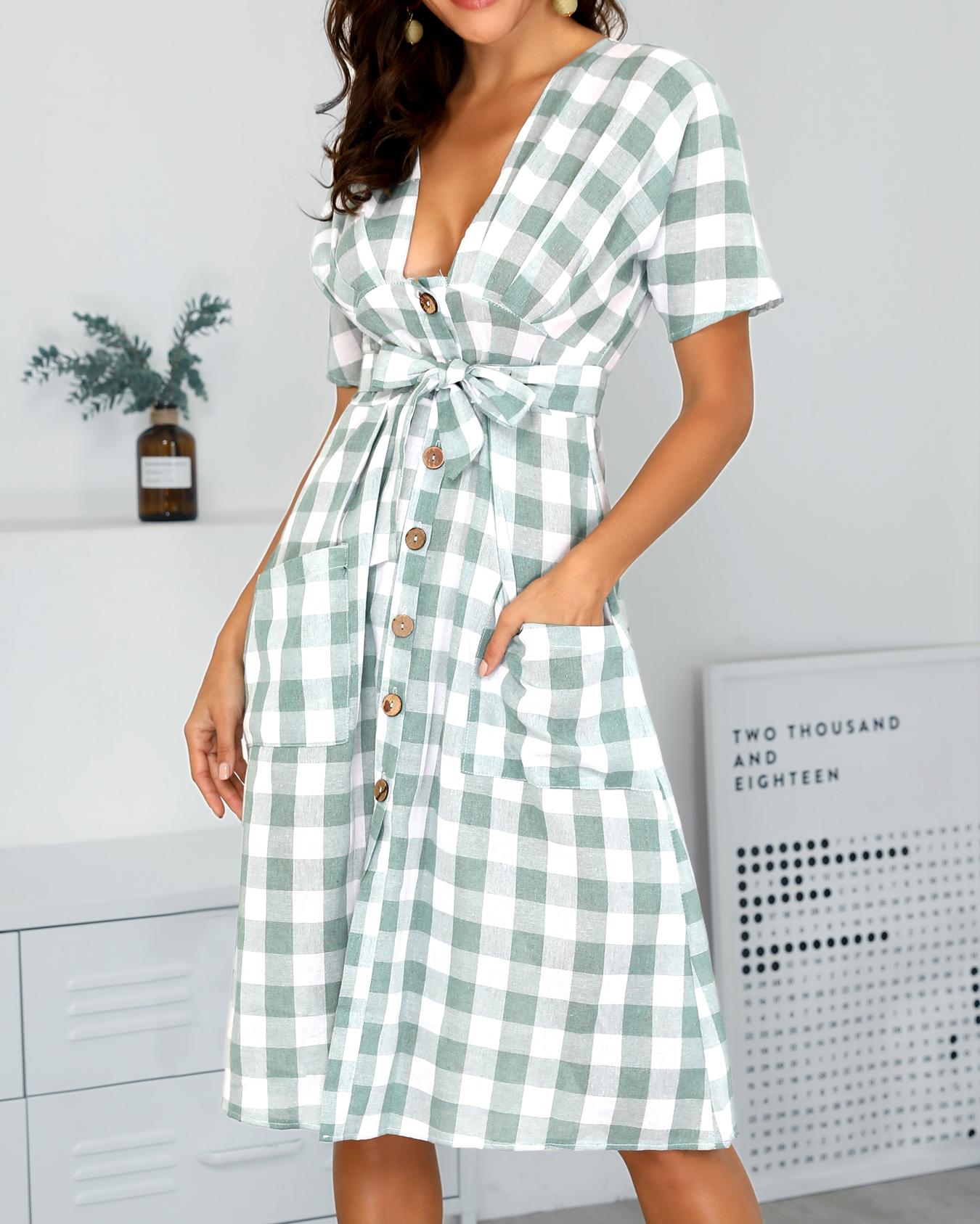 

Grid Dual Pocket Buttoned Casual Dress, Green