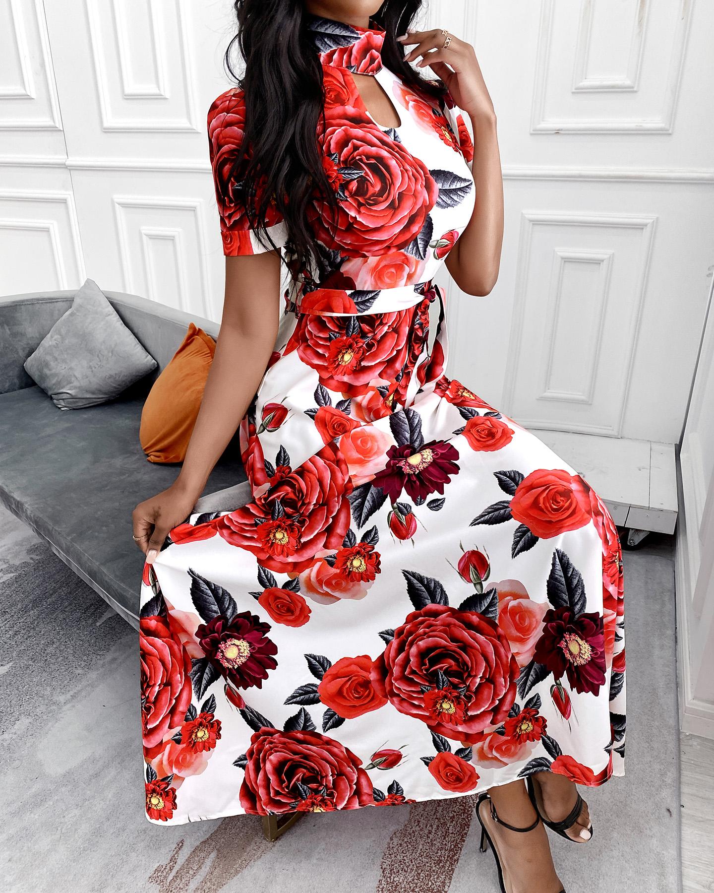 

Floral Print Cutout Front Maxi Dress, Red
