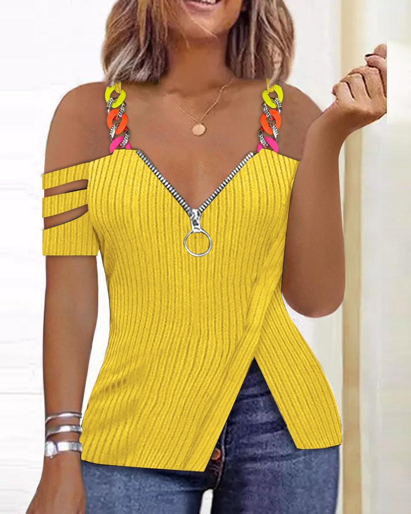 

Ladder Cutout Cold Shoulder Zipper Front Top, Yellow