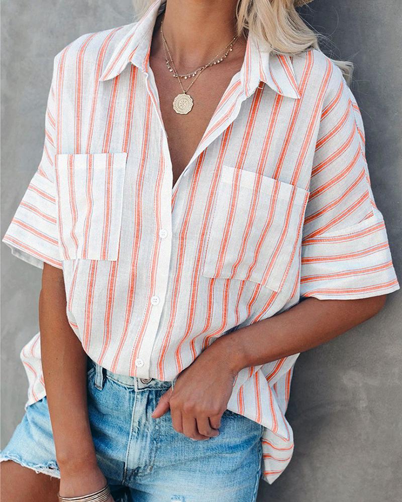

Striped Button Front Pocket Design Shirt, Orange