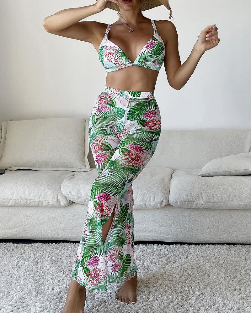 

3PCS Tropical Print Bikini Set With Cover Up, Multicolor