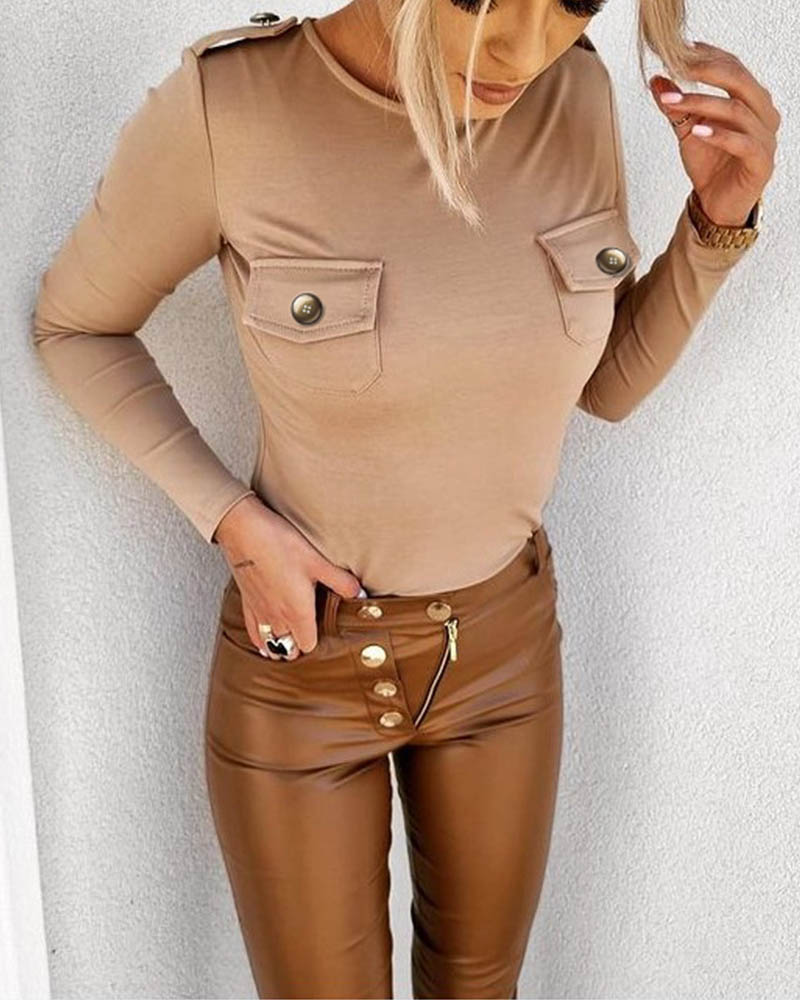 

Button Decor Flap Detail Long Sleeve Top, Khaki
