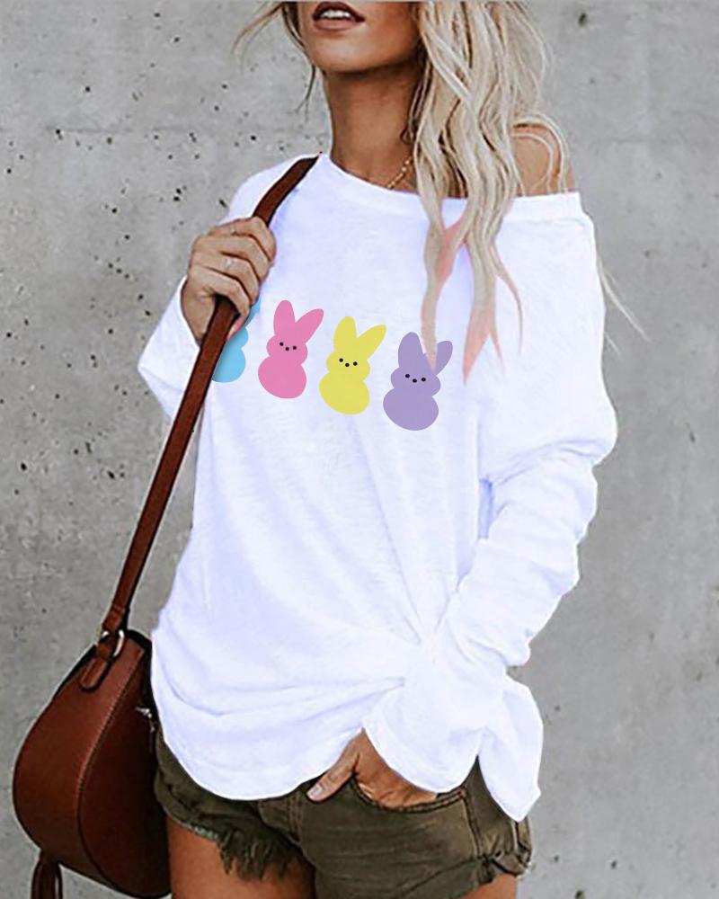 

Happy Easter Bunny Print Long Sleeve Top, White