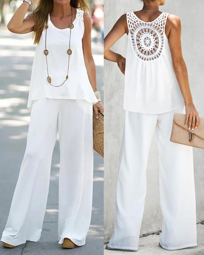 

Hollow Out Tank Top & Wide Leg Pants Set, White