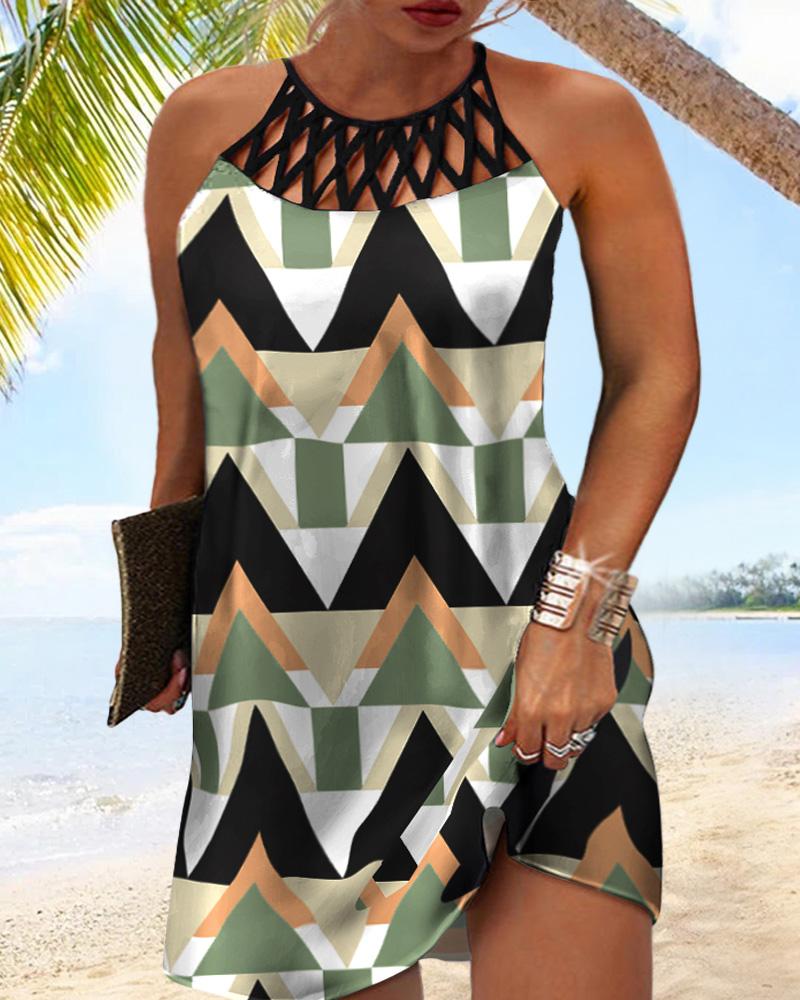 

Plus Size Geometric Print Hollow Out Casual Dress, Multicolor