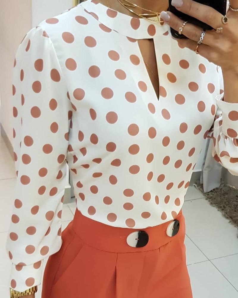 

Polkadot Print Long Sleeve Cutout Blouse, White