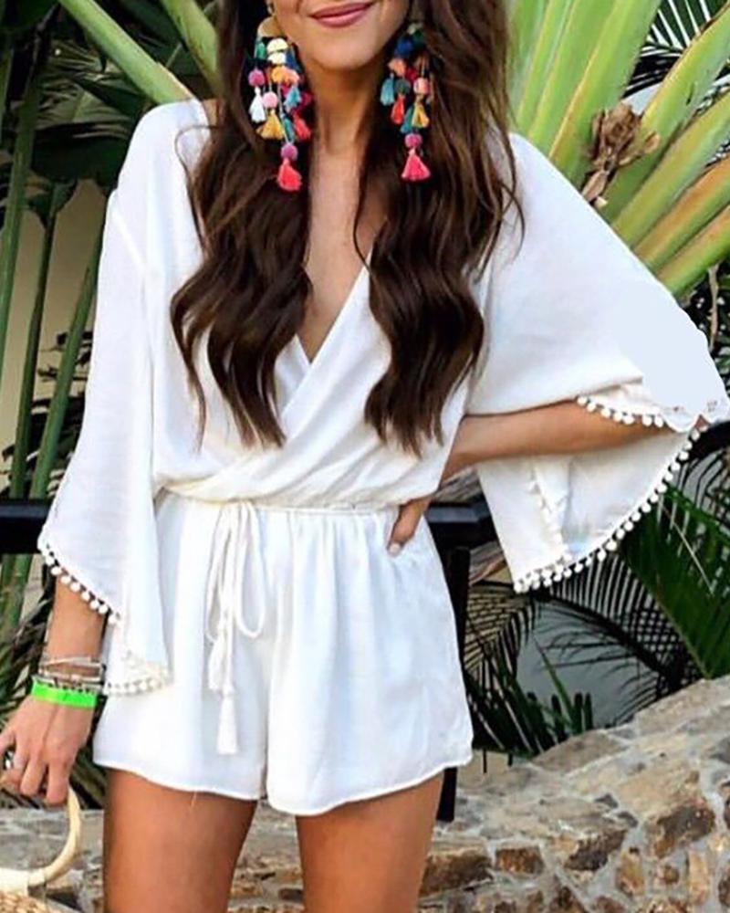 

V-Neck Pom Pom Trim Casual Romper, White