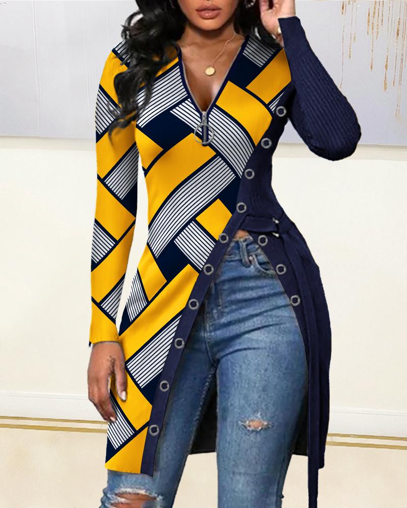 

Geo Print Split Button Detail Zip Front Top Casual V-Neck Long Sleeve Slit Shirt, Purplish blue
