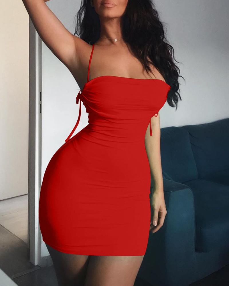 

Spaghetti Strap Ruched Detail Backless Bodycon Dress, Red