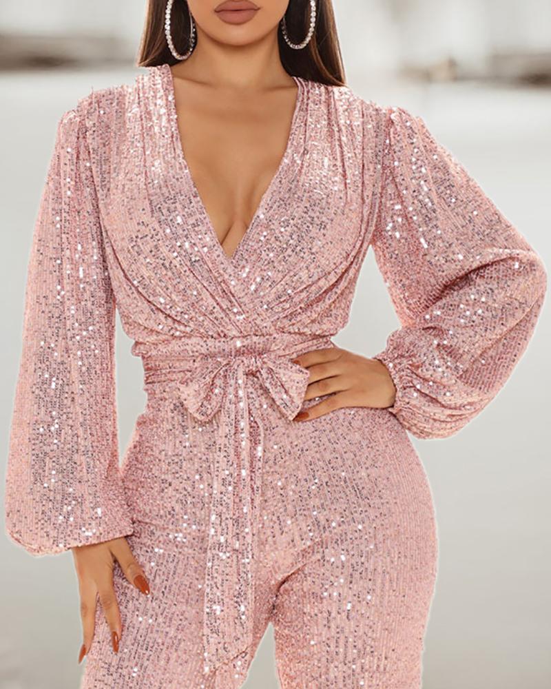 

Lantern Sleeve Zipper Back Plunge Sequins Jumpsuit, Pink