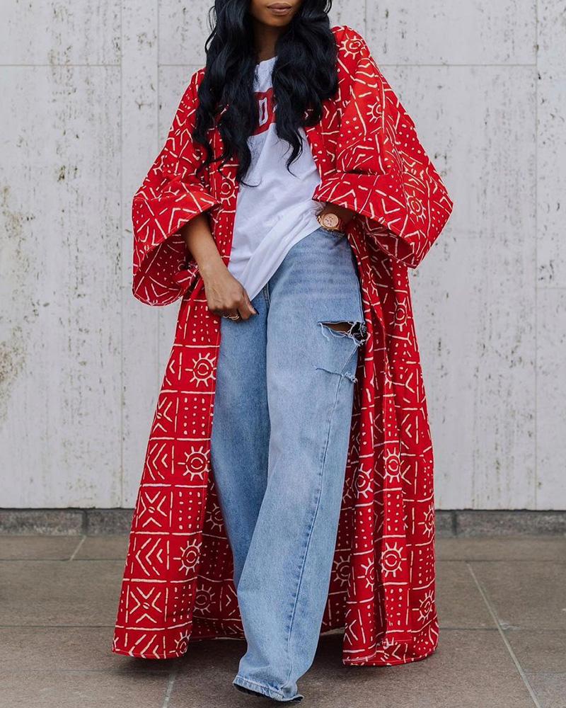 

Bell Sleeve Graphic Print Longline Coat, Red