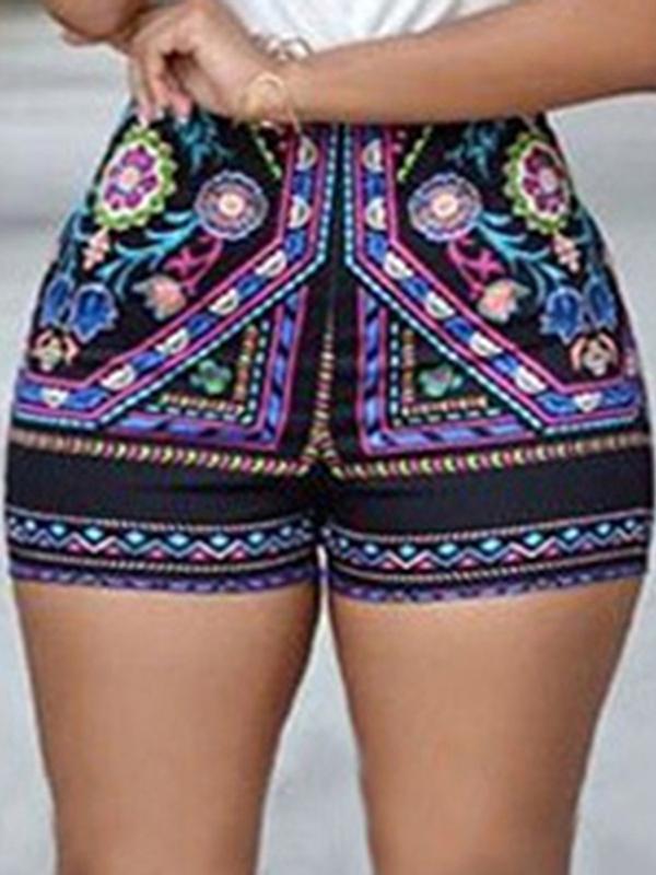 

Ladies Boho Flower Printed Slim Tight Beach Shorts, Black