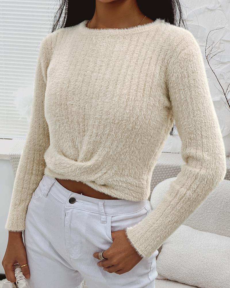 

Fuzzy Twisted Long Sleeve Sweater, Khaki