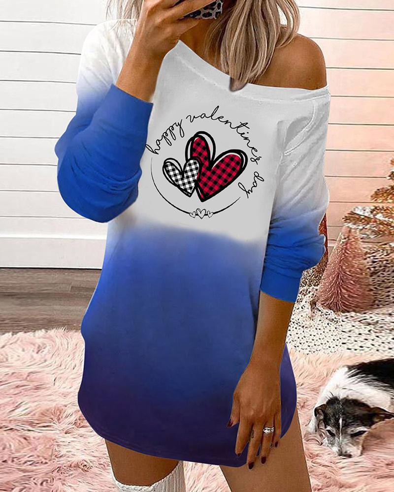 

Valentine' Day Letter Heart Print Colorblock Top, Blue