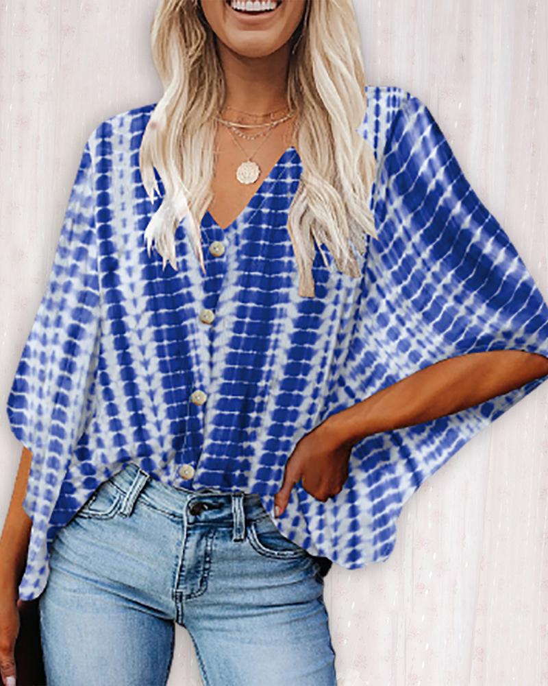 

Button Design Tie Dye Print Top, Blue