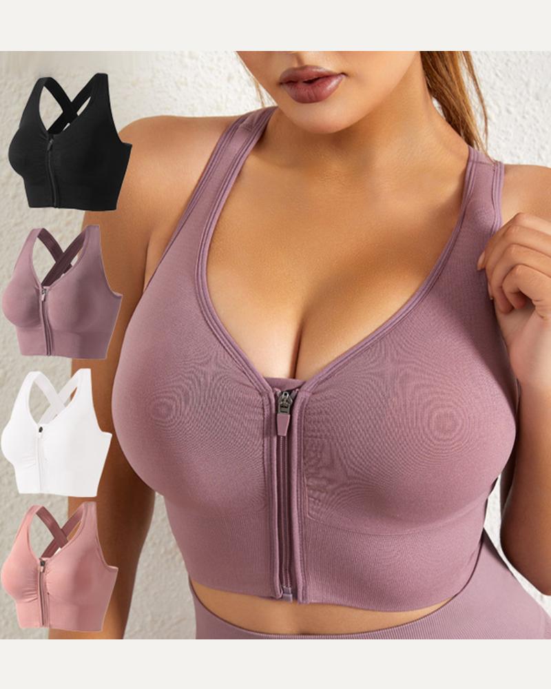 

Zip Support Wireless Lift Quick Dry Full Coverage Medium Workout Sports Yoga Bra Top, Purple