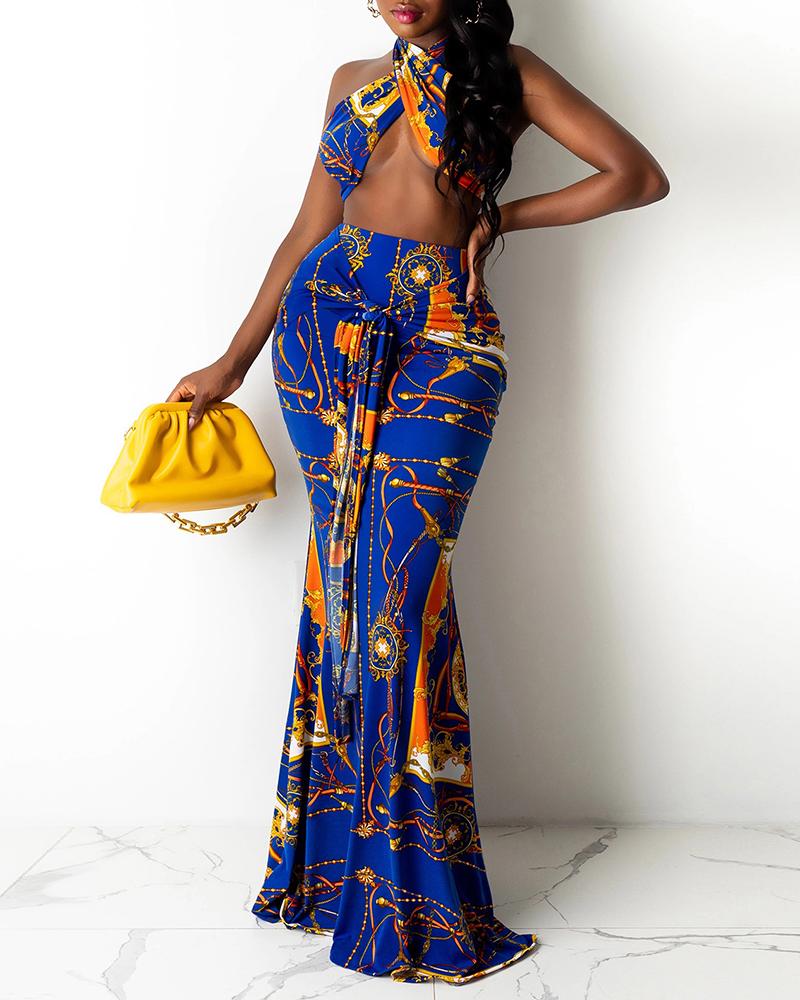 

Scarf / Cheetah / Colorblock Halter Crop Top & Maxi Skirt Set, Blue