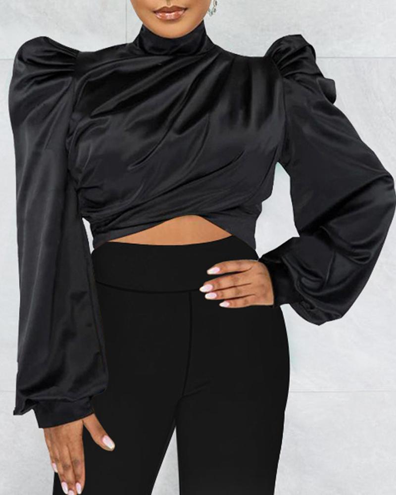 

Puff Lantern Sleeve High Neck Ruched Crop Top, Black