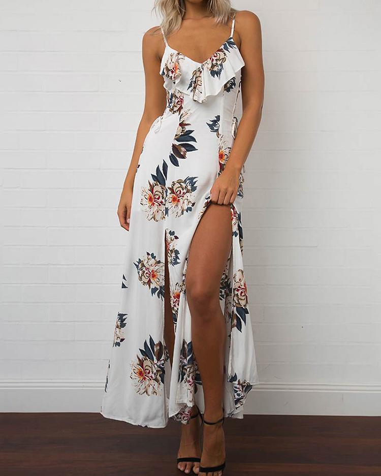 

Fashion Floral Frilled  Slit Maxi Slip Dress, White