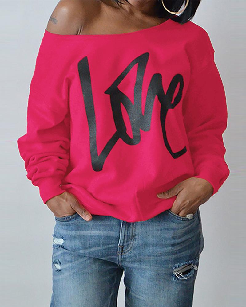 

Letter Print Long Sleeve Sweatshirt, Hot pink