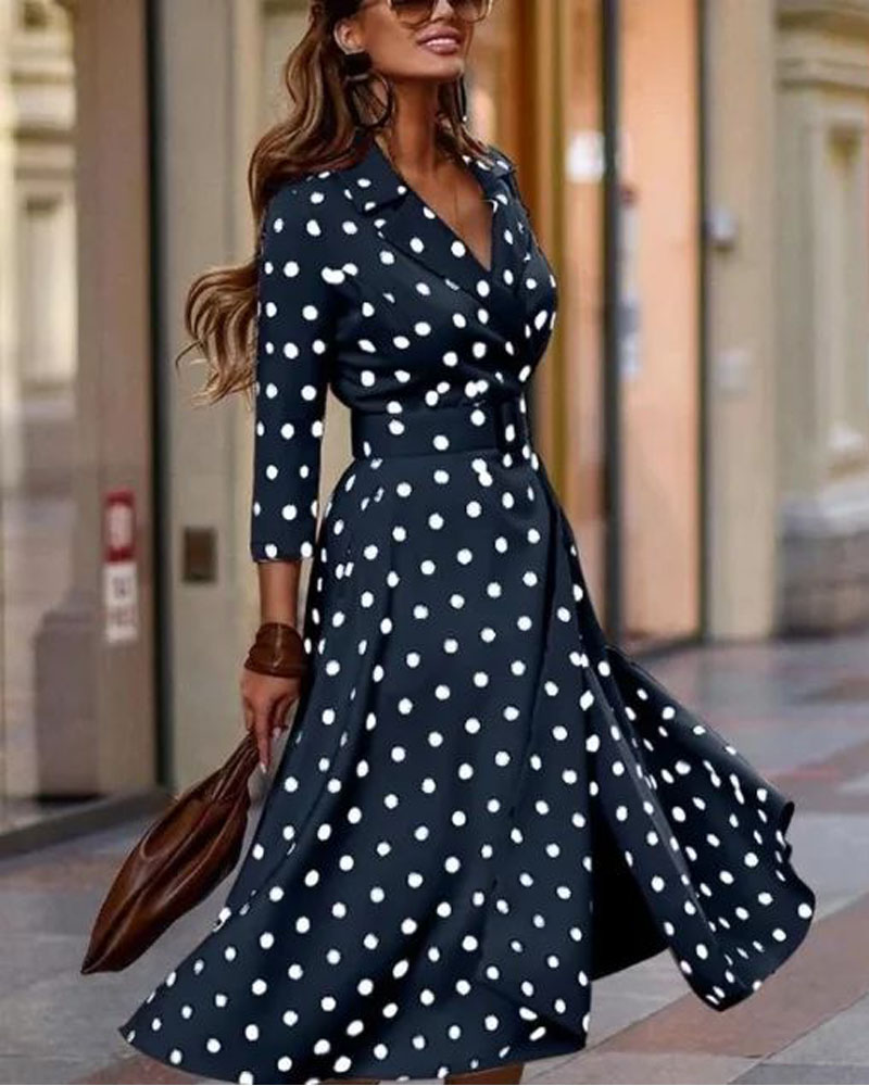 

Polka Dot Print Long Sleeve Work Dress, Purplish blue