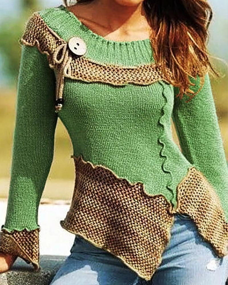 

Colorblock Long Sleeve Hollow Out Sweater, Green